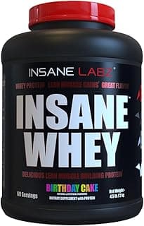 Insane Labz Insane Whey,100% Muscle Building Whey Protein, Post Workout, BCAA Amino Profile, Mass Gainer, Meal Replacement, 5lbs, 60 Srvgs, (Birthday Cake)