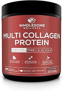 Wholesome Wellness Multi Collagen Protein Powder Hydrolyzed (Type I II III V X) Grass-Fed All-in-One Super Bone Broth + Peptides - Premium Blend of Beef, Chicken, Wild Fish, Eggshell, 58 Servings