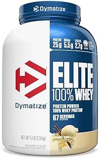 Dymatize Elite 100% Whey Protein Powder, Vanilla, 25g of Protein, 67 Servings, 5.5g BCAAs, Less Than 140 Cal., Gluten Free, 2g Carb, 2g Sugar, 3g Fat