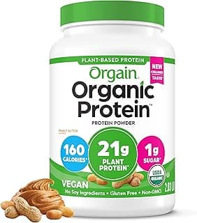 Orgain Organic Vegan Protein Powder, Peanut Butter - 21g Plant Protein, 7g Prebiotic Fiber, Low Net Carb, No Dairy Ingredients, No Added Sugar, For Shakes & Smoothies, 2.03 lb (Packaging May Vary)
