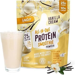 FlavCity Grass Fed Whey Protein Powder - Vanilla Smoothie - 25g Protein & 10g Collagen - Made with Real Vanilla Bean & Organic Coconut Milk - Gluten Free & No Added Sugars (20 Servings)